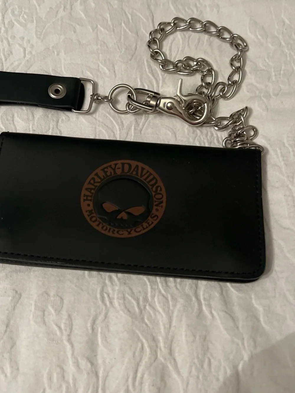 Harley-Davidson Black Leather Wallet with Brown Logo and Silver Chain